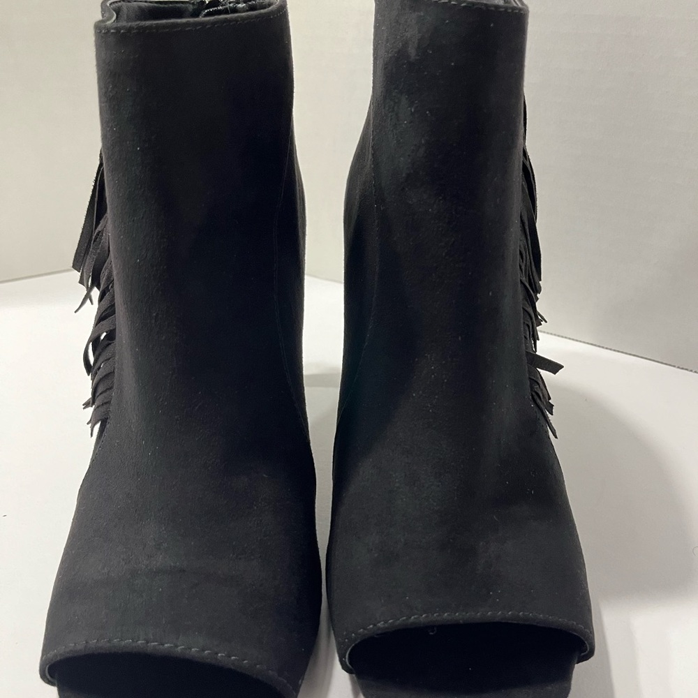 New Directions Brooke Peep Toe Black Fringe Ankle Boots‎ Women Size 10 - Picture 8 of 10